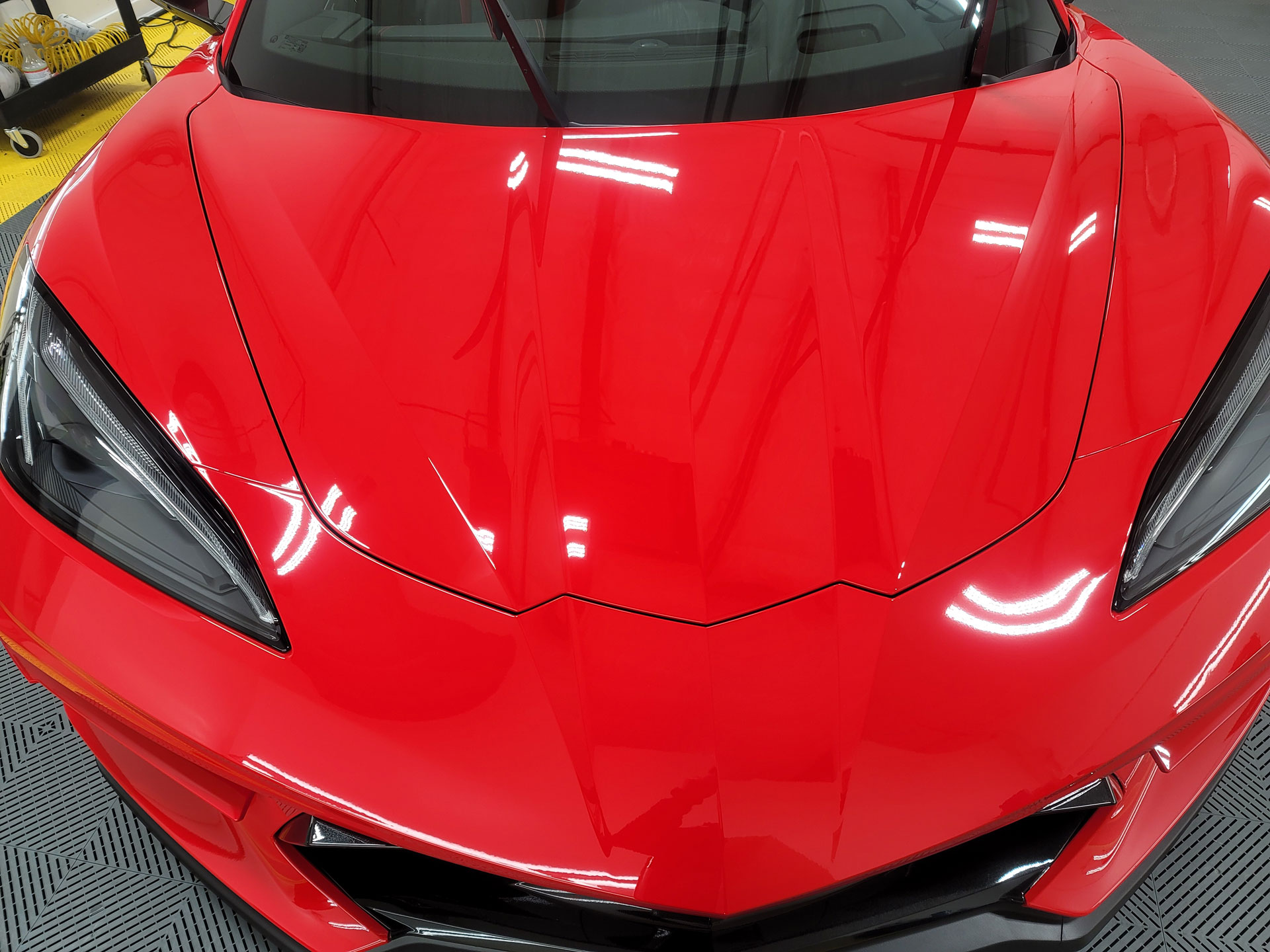 red sports car hood and headlights